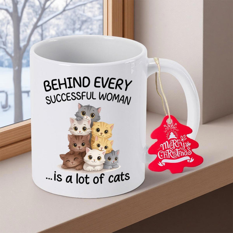 Tailorly White Ceramic 11 oz Mug - Behind Every Successful Woman Is A Lot Of Cats Cute Stacked Cartoon Kittens Featuring Various Fur Patterns And Big Eyes Cat
