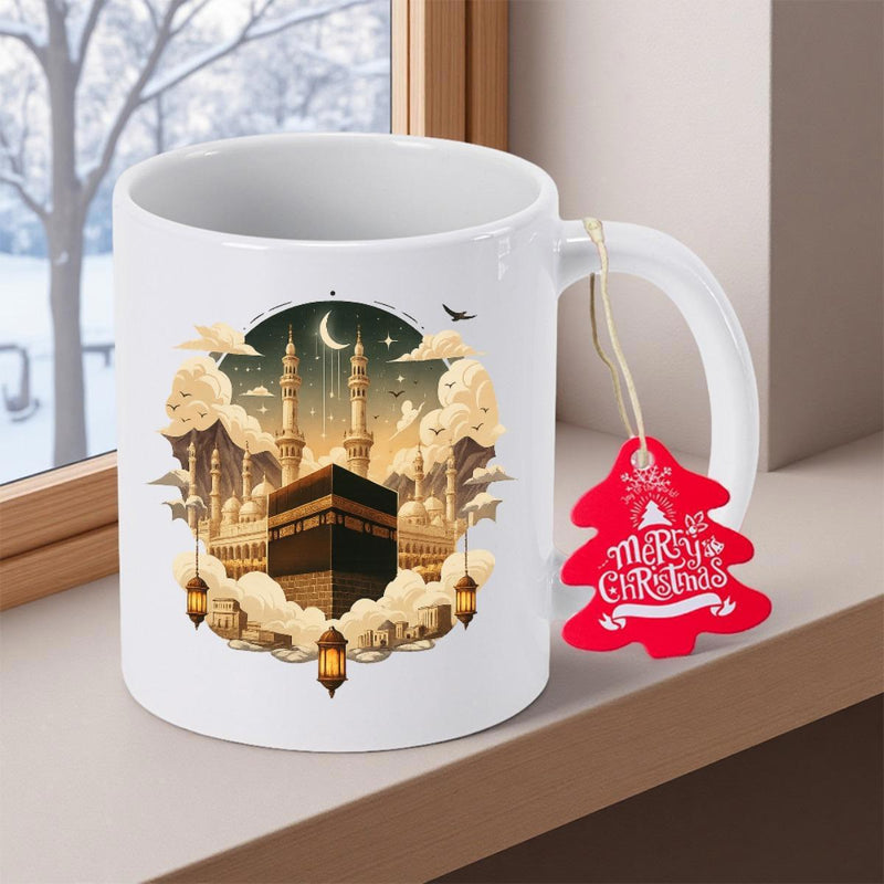 Tailorly White Ceramic 11 oz Mug - Sacred Architectural Landmark Surrounded By Soft Clouds And Glowing Traditional Lanterns Kaaba