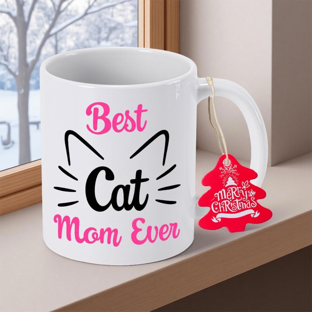 Tailorly White Ceramic 11 oz Mug - Best Cat Mom Ever Minimalist Silhouette Of Cat Ears And Delicate Whiskers On Ceramic Mug