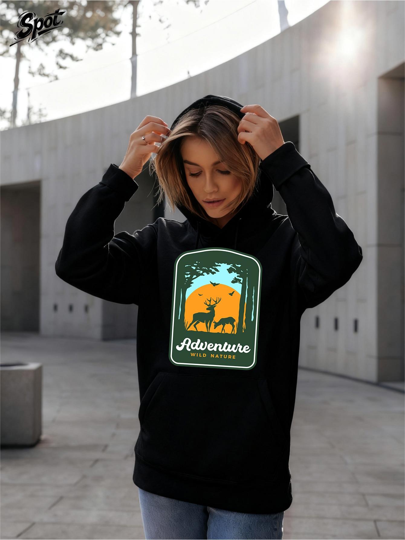 Tailorly Women's Printed Hoodie - Adventure Wilderness Morning Sun Shadows With Bear And Forest