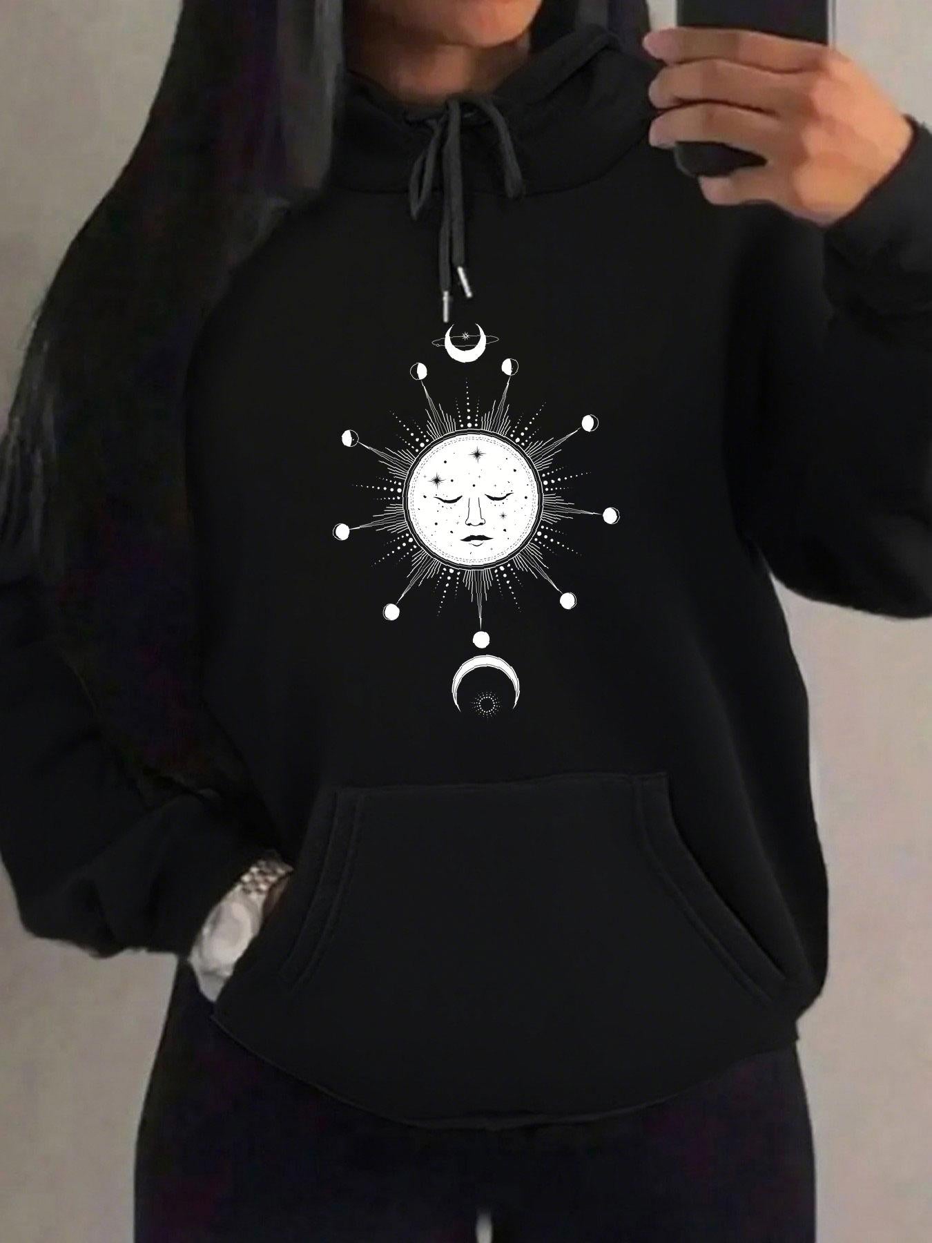 Tailorly Women's Printed Hoodie - Celestial Faces And Phases Of Moon Sun