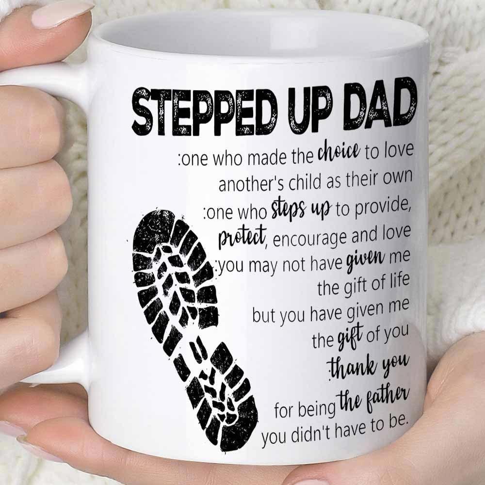 Tailorly White Ceramic 11 oz Mug - Stepped Up Dad Bold Script Typography With Grungy Textured Black Boot Footprint