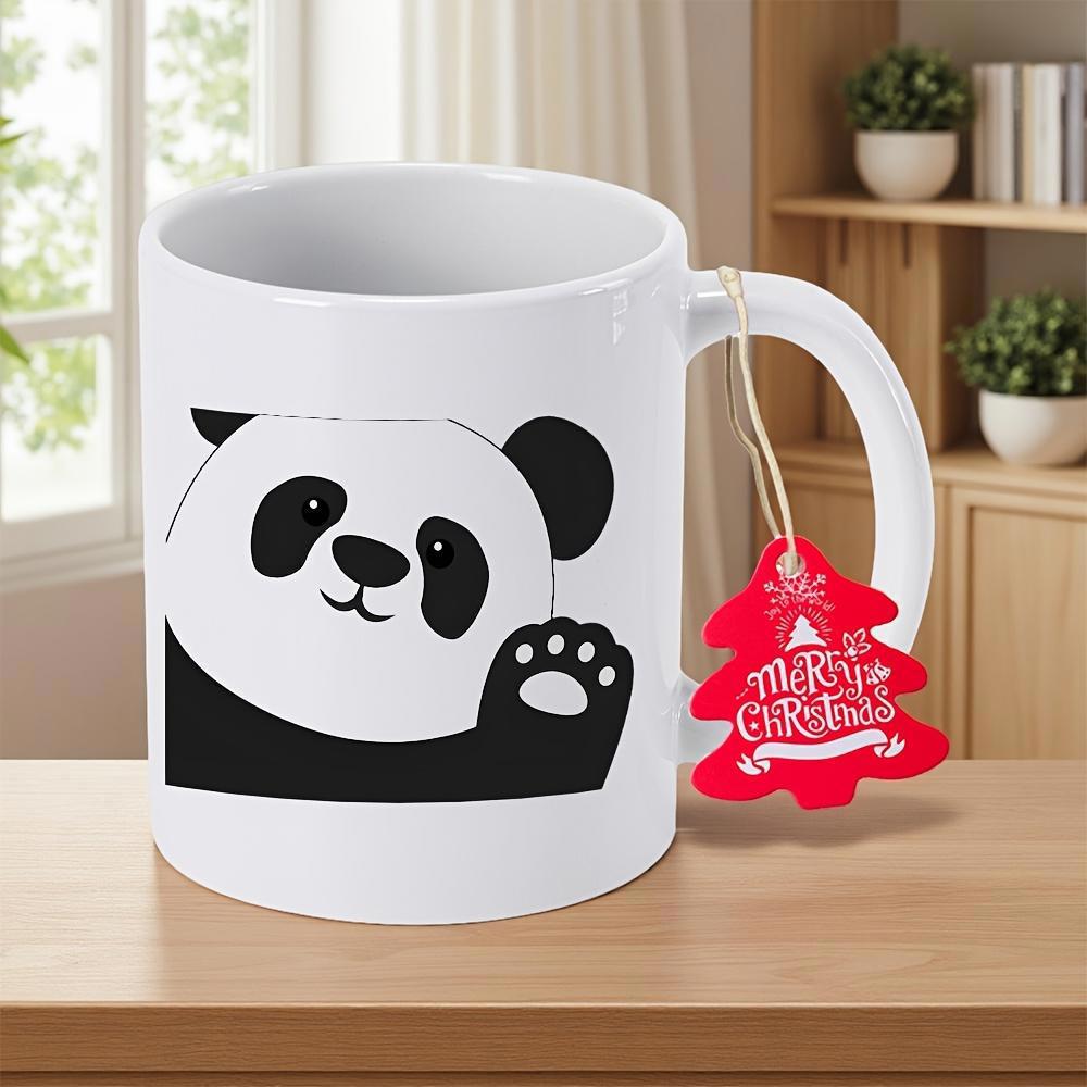 Tailorly White Ceramic 11 oz Mug - Merry Christmas Waving Cute Minimalist Black And White Playful Cartoon Style Panda