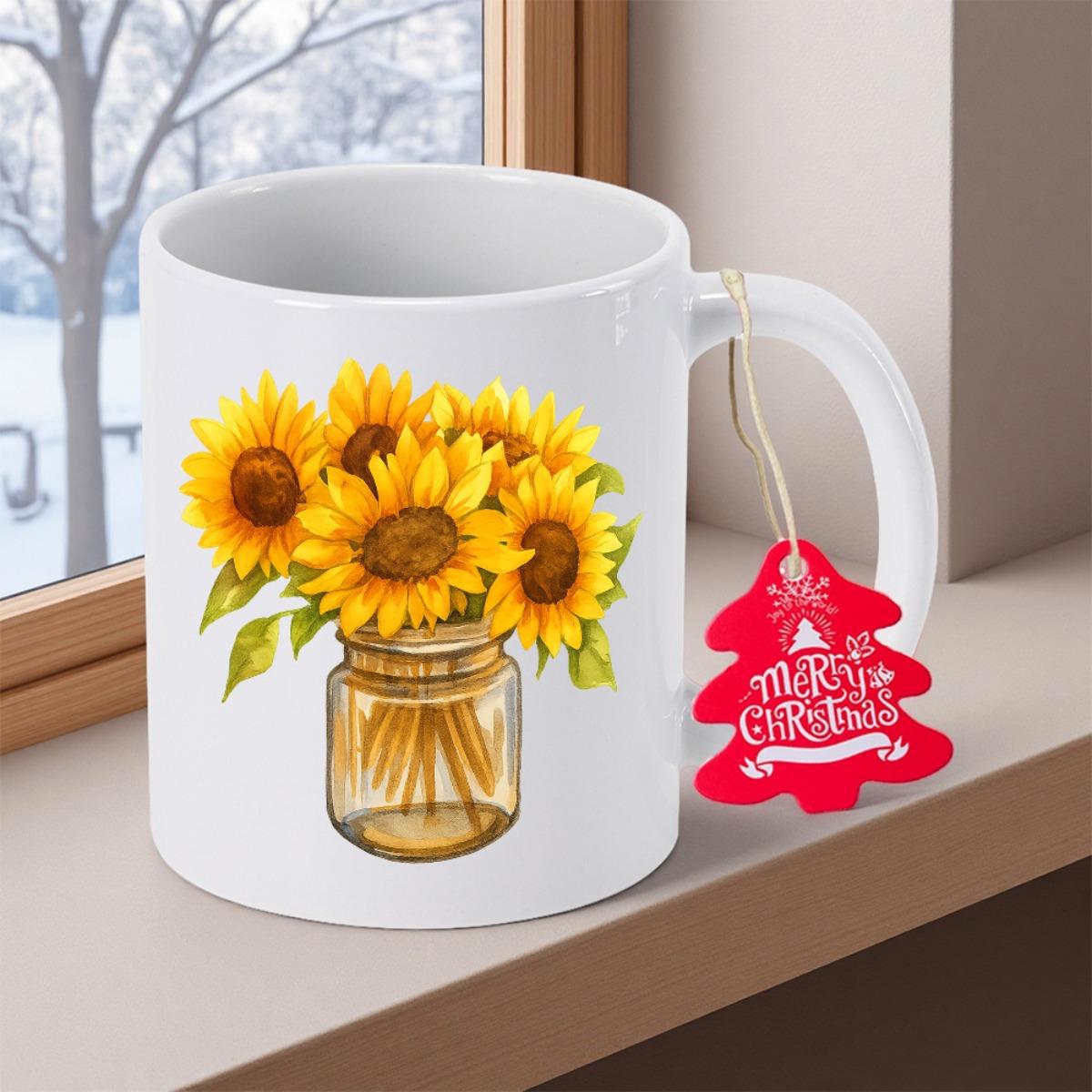 Tailorly White Ceramic 11 oz Mug - Merry Christmas Vibrant Yellow Sunflowers Blooming Inside A Rustic Glass Mason Jar Sunflower