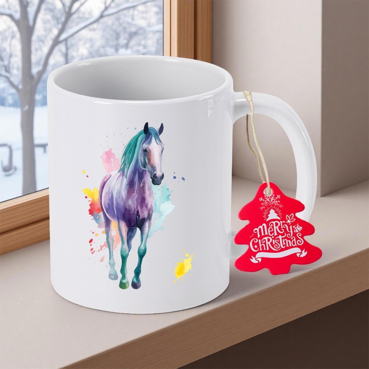 Tailorly White Ceramic 11 oz Mug - Colorful Watercolor Splashes Surrounding A Majestic Standing Wild Animal Horse