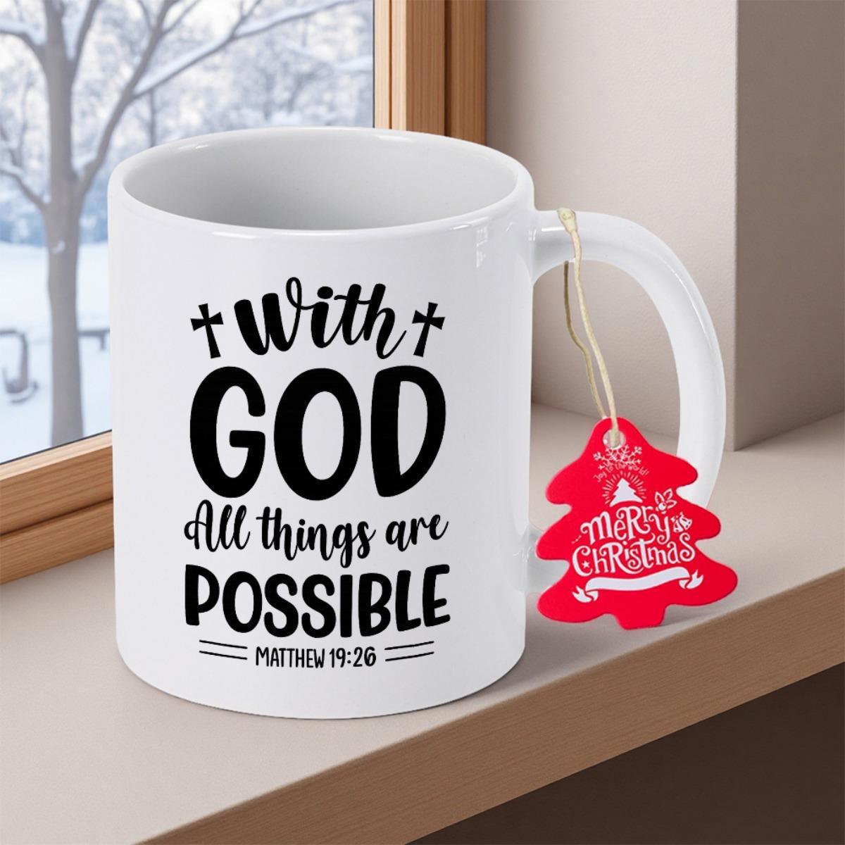 Tailorly White Ceramic 11 oz Mug - With God All Things Are Possible Matthew 19 26 Merry Christmas Inspirational Black Script With Small Decorative Crosses