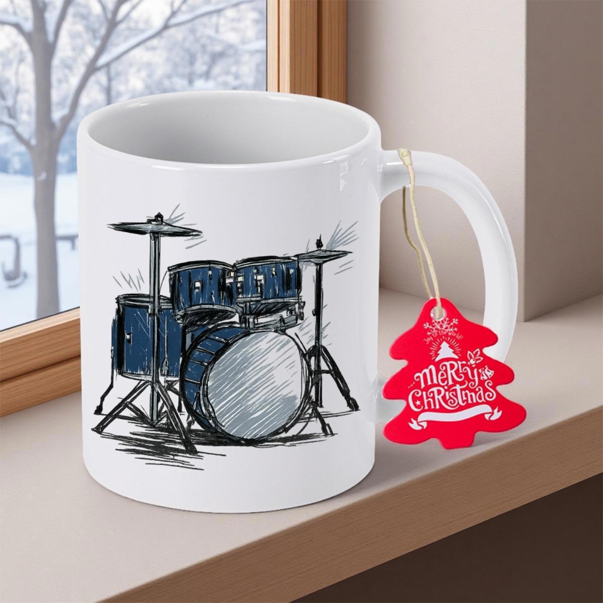 Tailorly White Ceramic 11 oz Mug - Artistic Sketch Style Blue Detailed Percussion Instrument For Music Lovers Drum Set