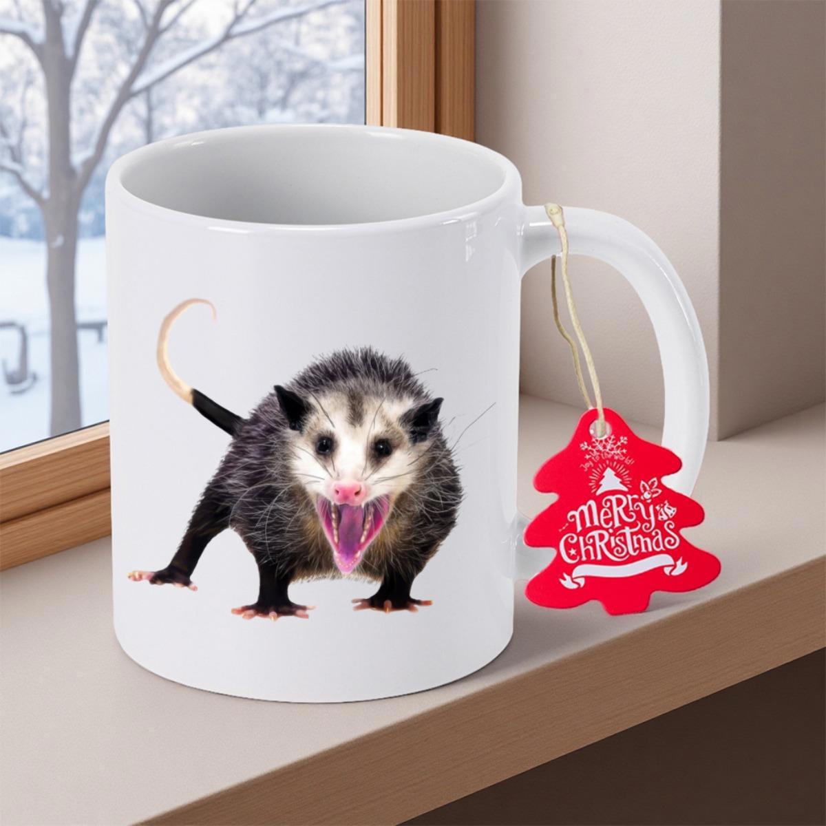 Tailorly White Ceramic 11 oz Mug - Merry Christmas Realistic Screaming Animal With Open Mouth Standing On White Background Opossum