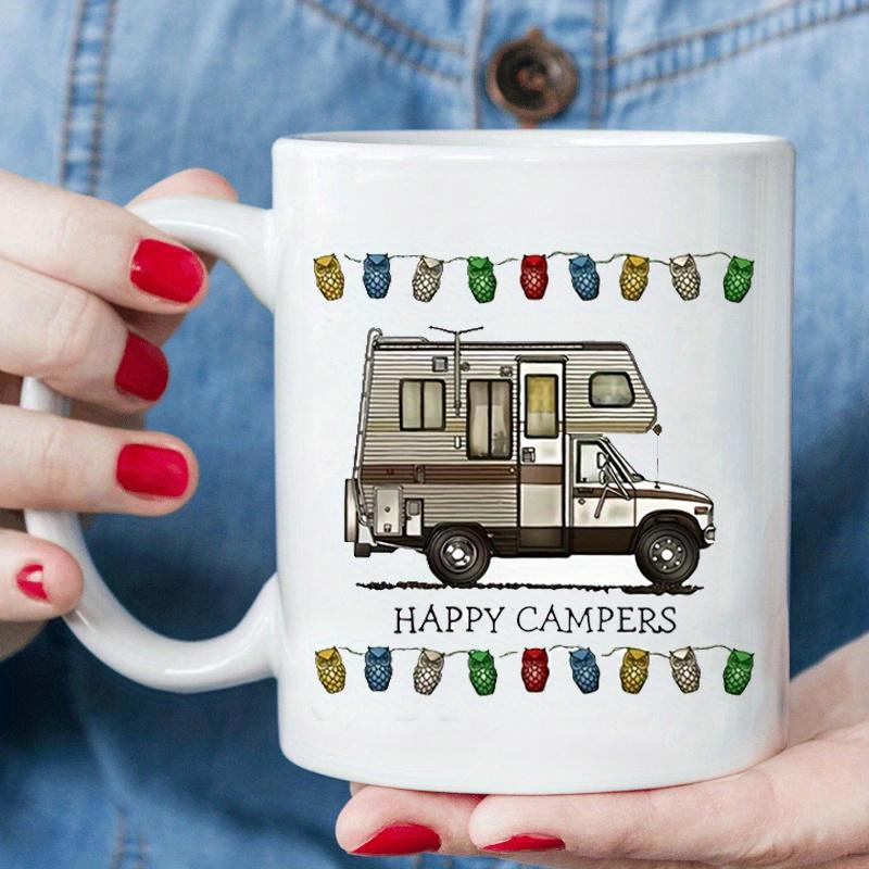 Tailorly White Ceramic 11 oz Mug - Happy Campers Vintage Recreational Vehicle Parked Under Colorful Hanging Outdoor Festival String Lights Camper