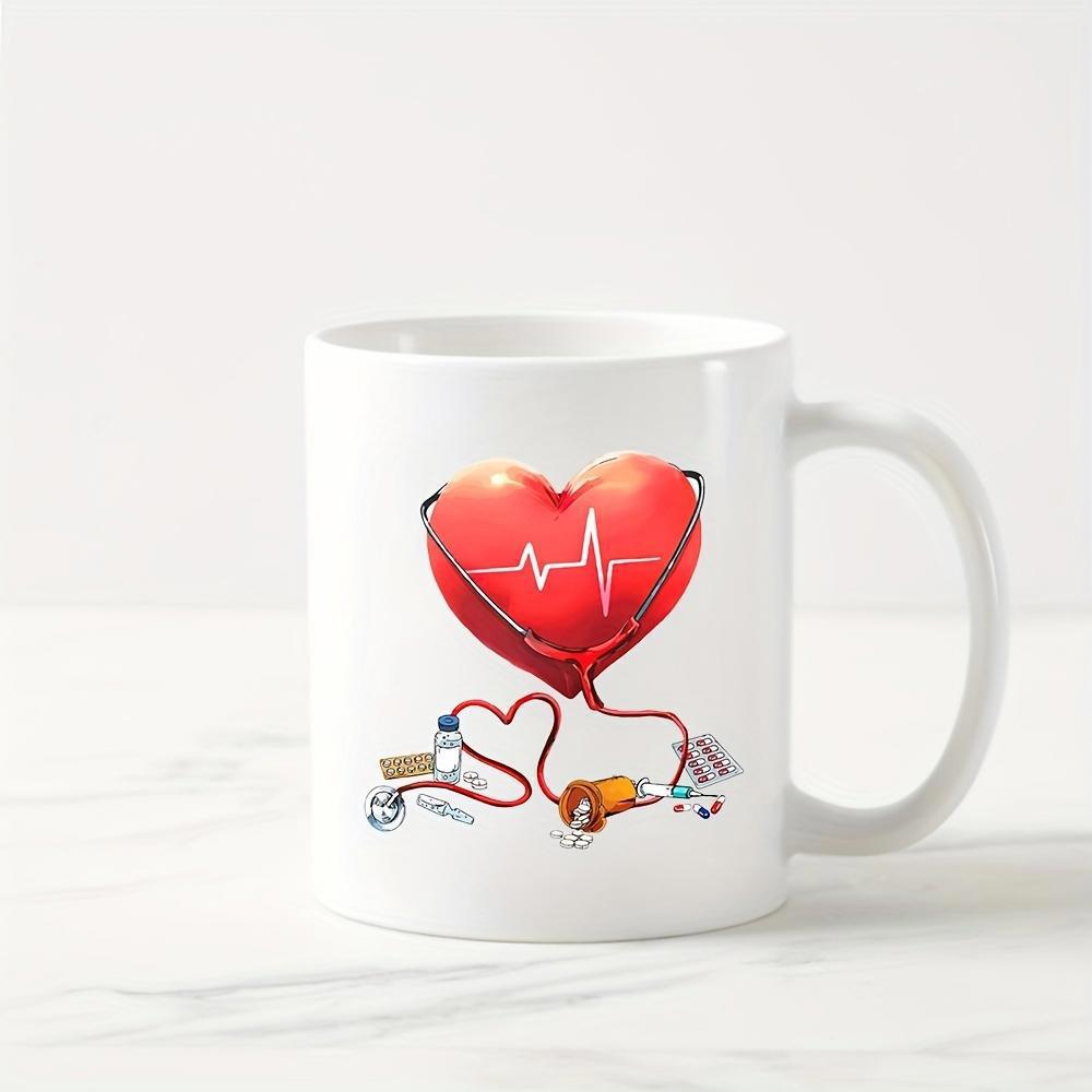 Tailorly White Ceramic 11 oz Mug - Vivid Red Heart With Heartbeat Line Connected To Medical Equipment Stethoscopes Heart