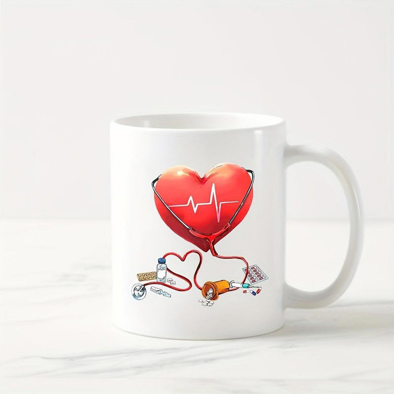 Tailorly White Ceramic 11 oz Mug - Vivid Red Heart With Heartbeat Line Connected To Medical Equipment Stethoscopes Heart