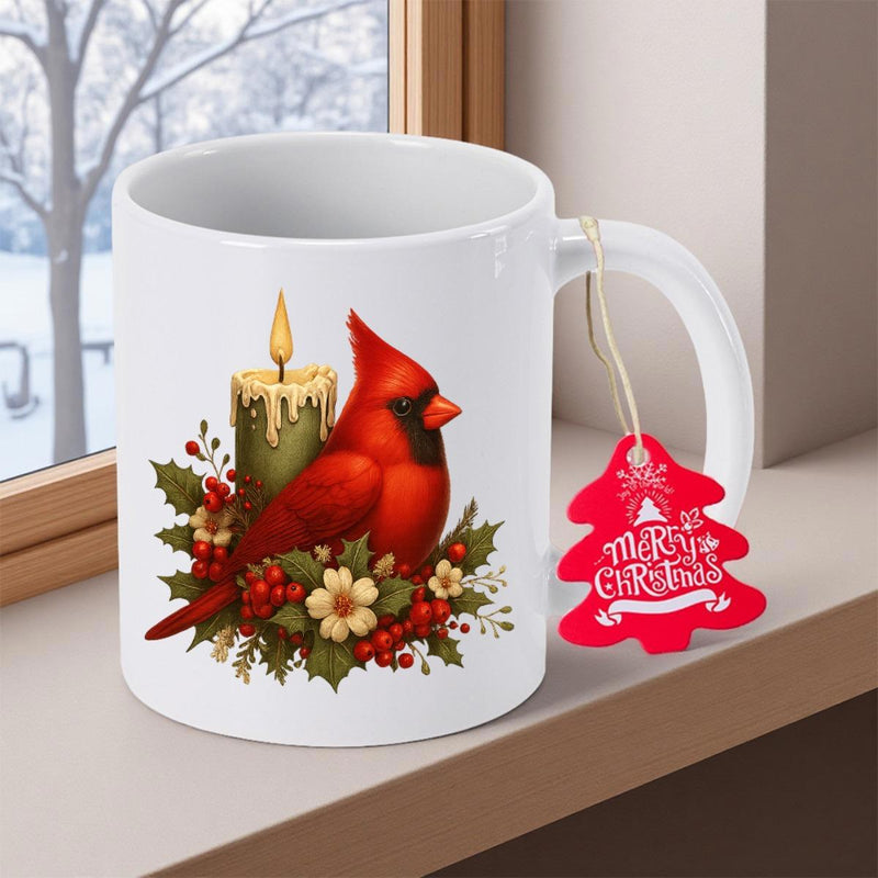 Tailorly White Ceramic 11 oz Mug - Merry Christmas Vibrant Red Bird Perched Beside A Glowing Candle With Holly Cardinal