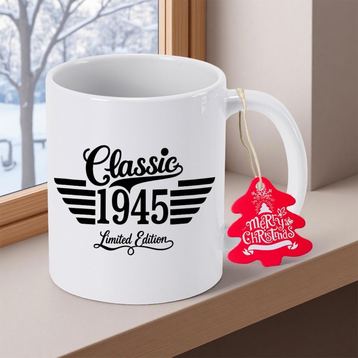 Tailorly White Ceramic 11 oz Mug - Classic 1945 Limited Edition Vintage Styled Wings Framing Bold Retro Milestone Typography Emblem