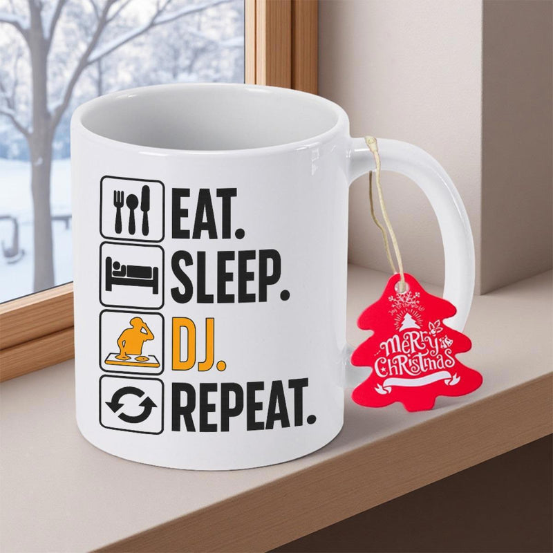 Tailorly White Ceramic 11 oz Mug - Eat Sleep DJ Repeat Lifestyle Icons Representing Daily Routine With Mixing Console And Modern Typography Mug