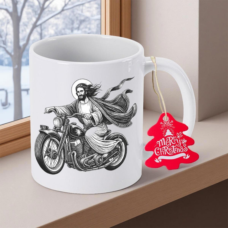 Tailorly White Ceramic 11 oz Mug - Merry Christmas Iconic Figure With Flowing Robes Riding A Vintage Classic Motorcycle