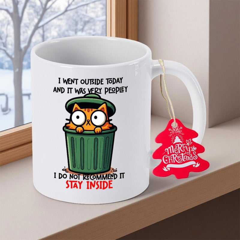 Tailorly White Ceramic 11 oz Mug - I Went Outside Today And It Was Very Peopley I Do Not Recommend It Stay Inside Funny Orange Cartoon Cat Hiding Inside A Green