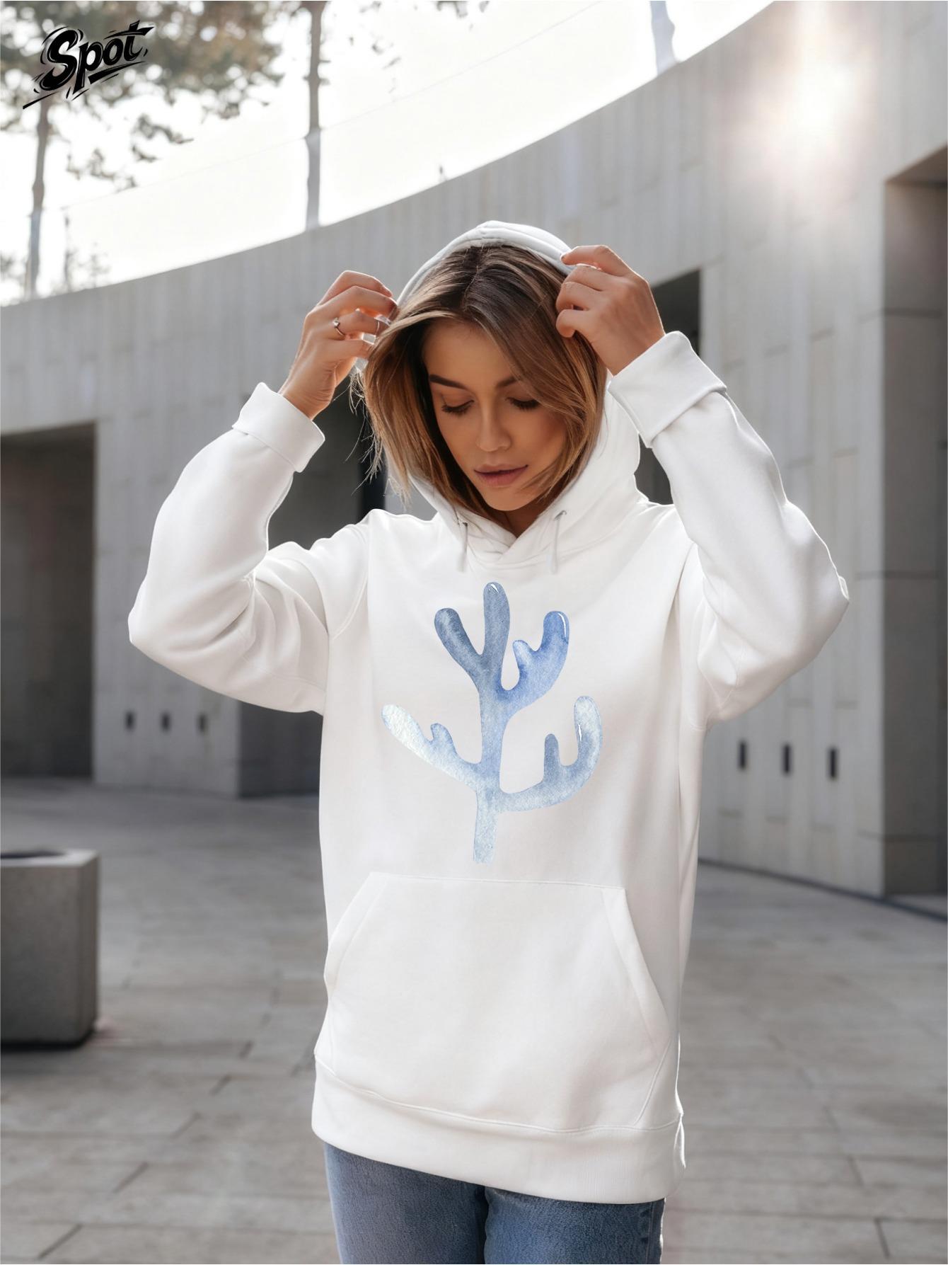 Tailorly Women's Printed Hoodie - Soft Blue Abstract Coral Shapes Adorning White Hoodie
