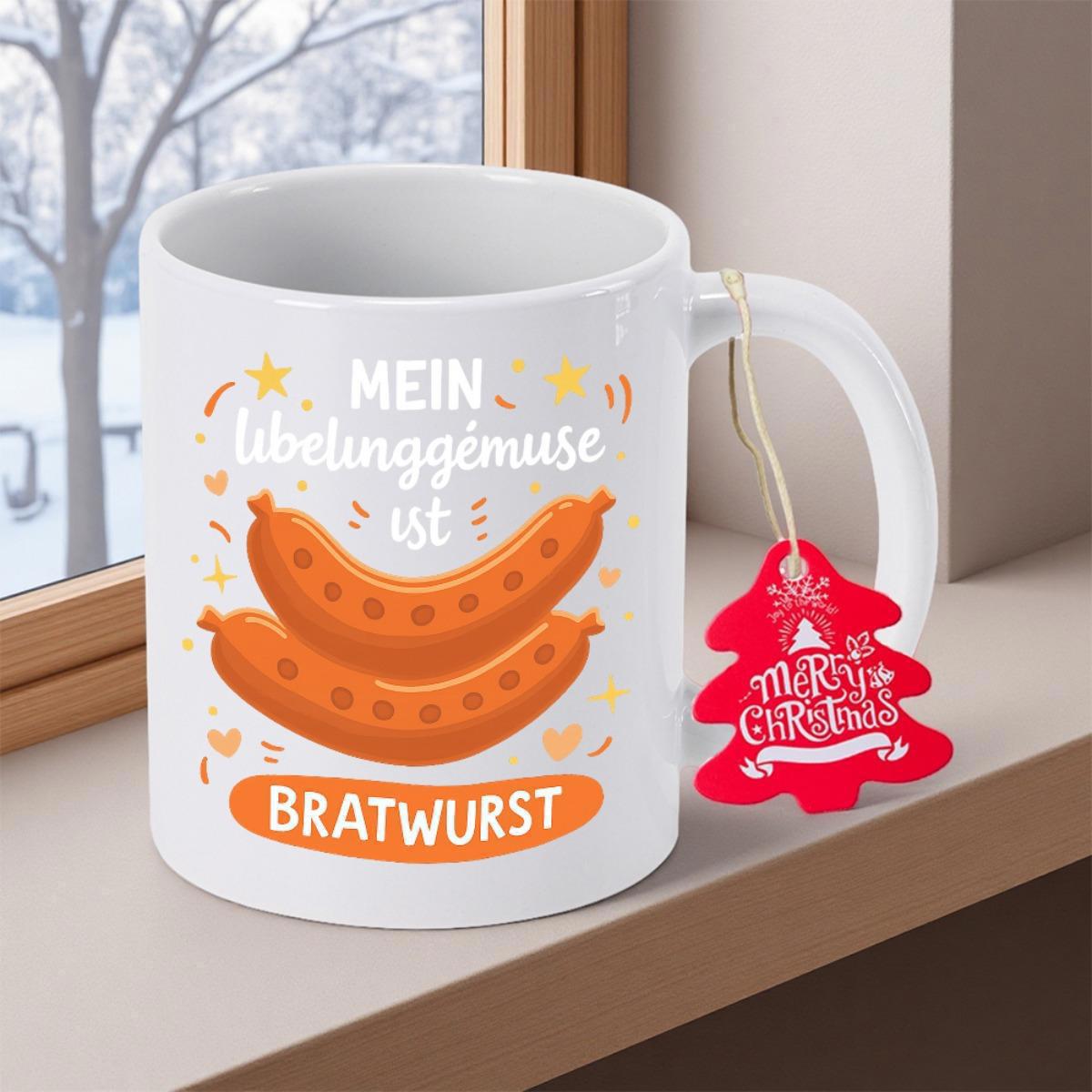 Tailorly White Ceramic 11 oz Mug - Merry Christmas Two Grilled Brown Sausages Surrounded By Festive Stars And Confetti Sausage