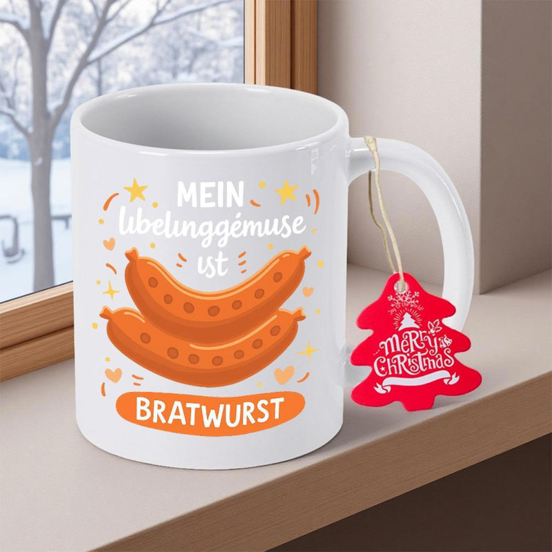 Tailorly White Ceramic 11 oz Mug - Merry Christmas Two Grilled Brown Sausages Surrounded By Festive Stars And Confetti Sausage