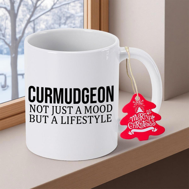 Tailorly White Ceramic 11 oz Mug - Curmudgeon Not Just A Mood But A Lifestyle Festive Red Christmas Tag Hanging From A Sturdy Ceramic Mug