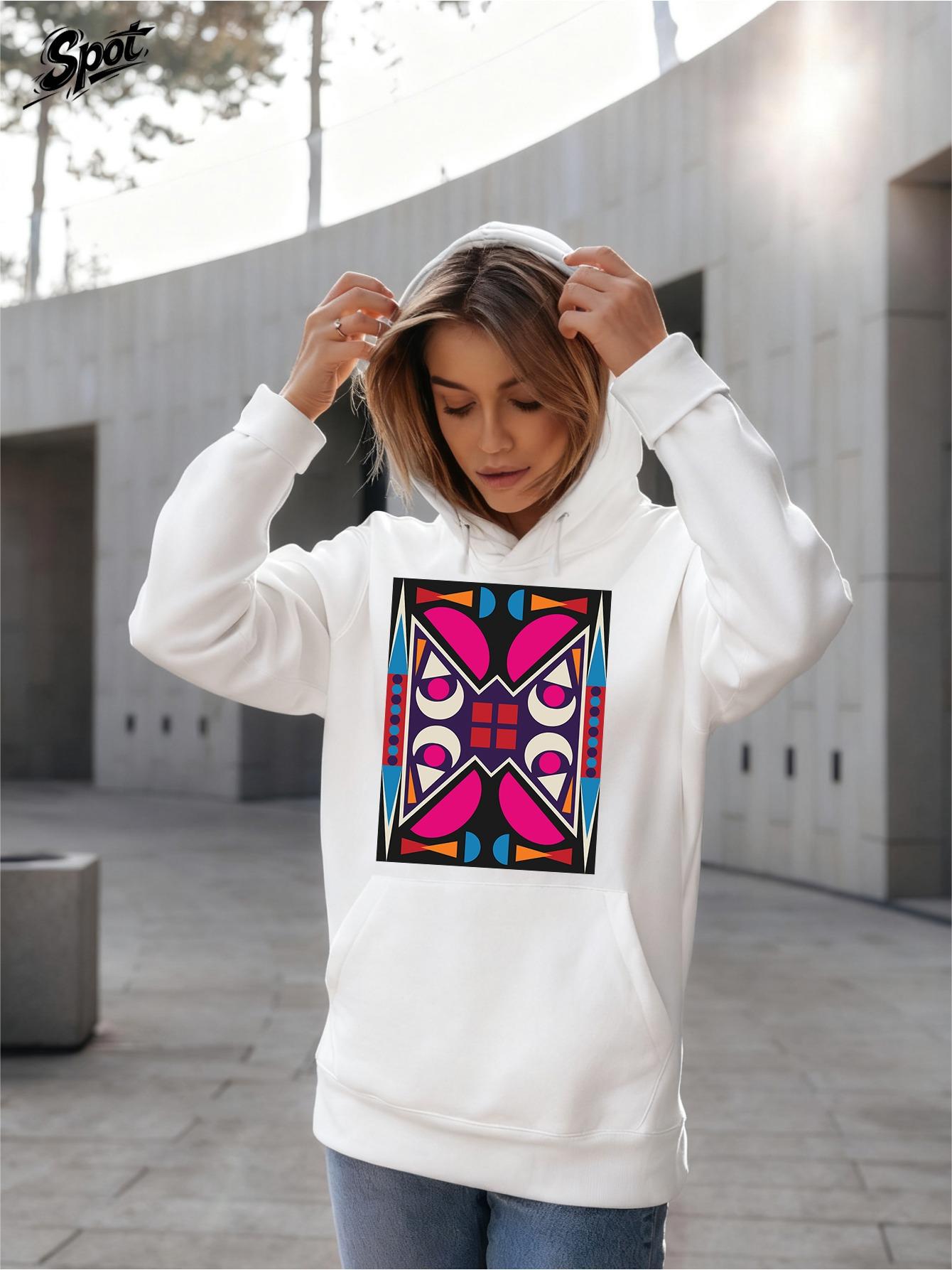 Tailorly Women's Printed Hoodie - Vivid Colorful Symmetric Geometric Motif Under Sunlit Urban Space Hoodie