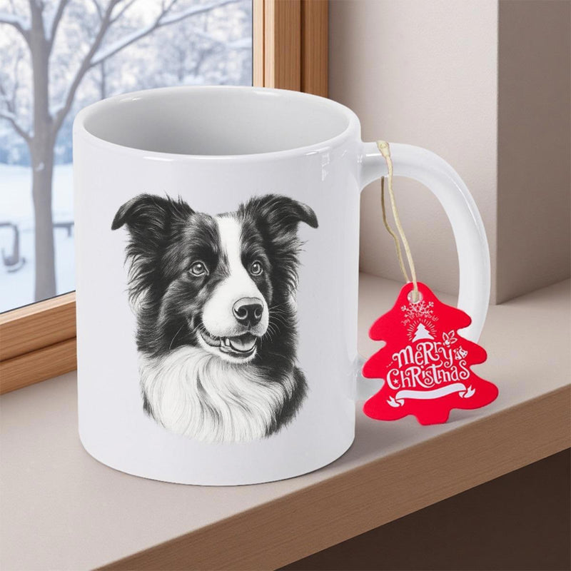 Tailorly White Ceramic 11 oz Mug - Merry Christmas Detailed Monochrome Artistic Rendering Of A Majestic Border Collie Dog