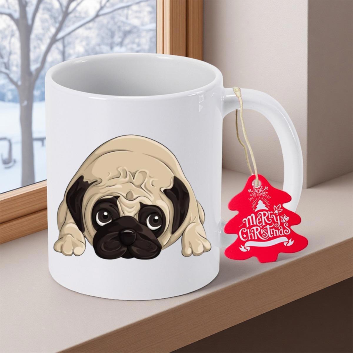 Tailorly White Ceramic 11 oz Mug - Merry Christmas Adorable Cartoon Pug Dog With Large Expressive Eyes Lying Flat On Ground Pug