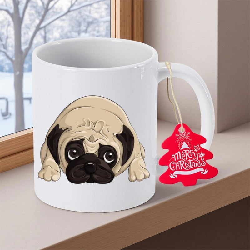 Tailorly White Ceramic 11 oz Mug - Merry Christmas Adorable Cartoon Pug Dog With Large Expressive Eyes Lying Flat On Ground Pug