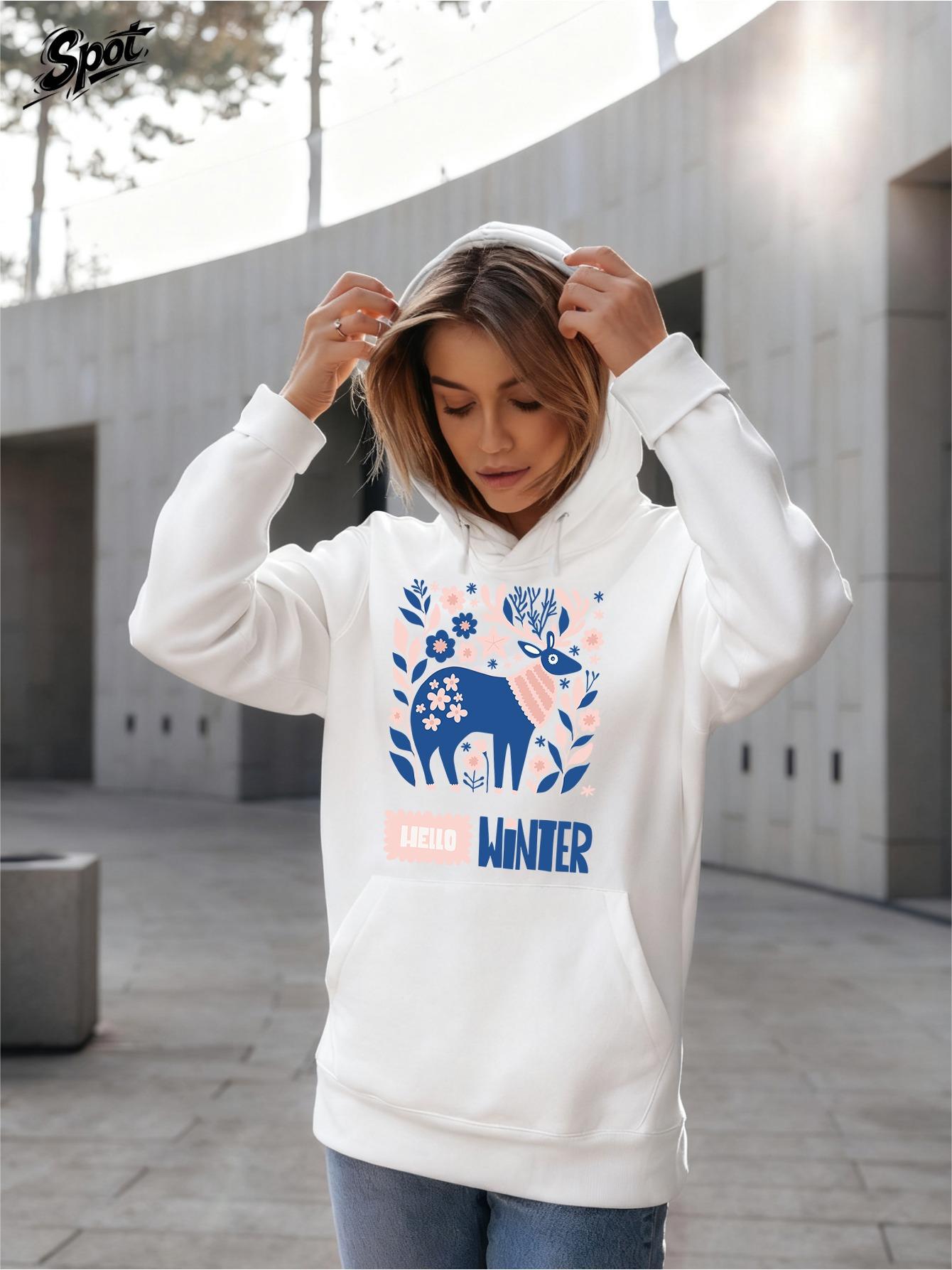 Tailorly Women's Printed Hoodie - Blue Forest Flowers With Playful Bear Under Winter Sky Bear