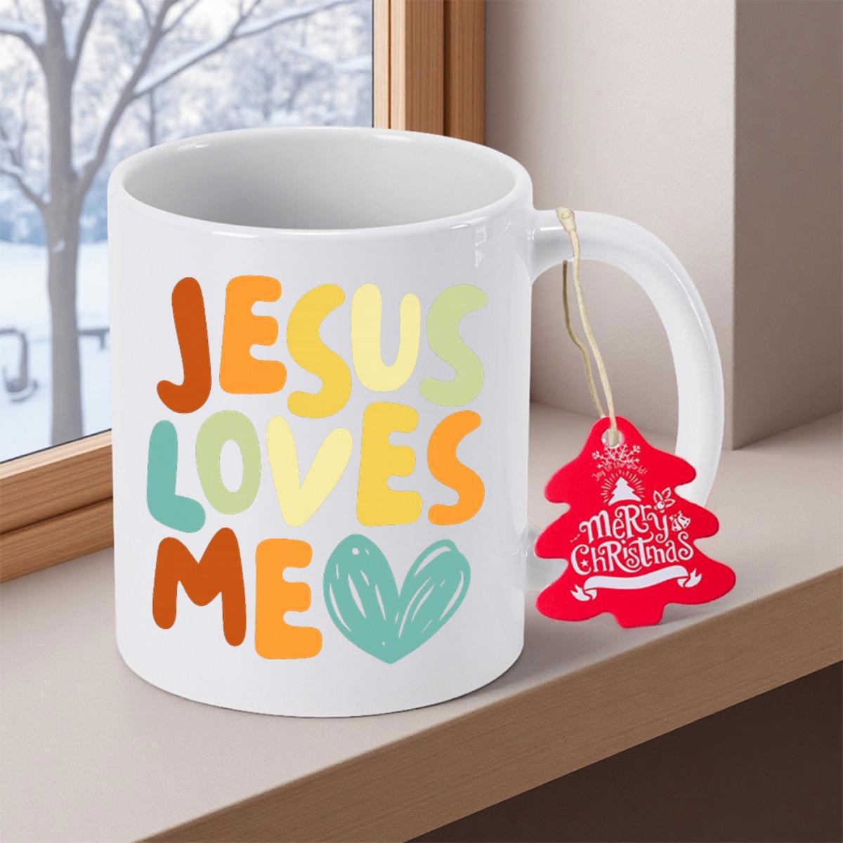 Tailorly White Ceramic 11 oz Mug - Jesus Loves Me Merry Christmas Vibrant Retro Style Bubble Letters Featuring A Small Teal Heart Mug