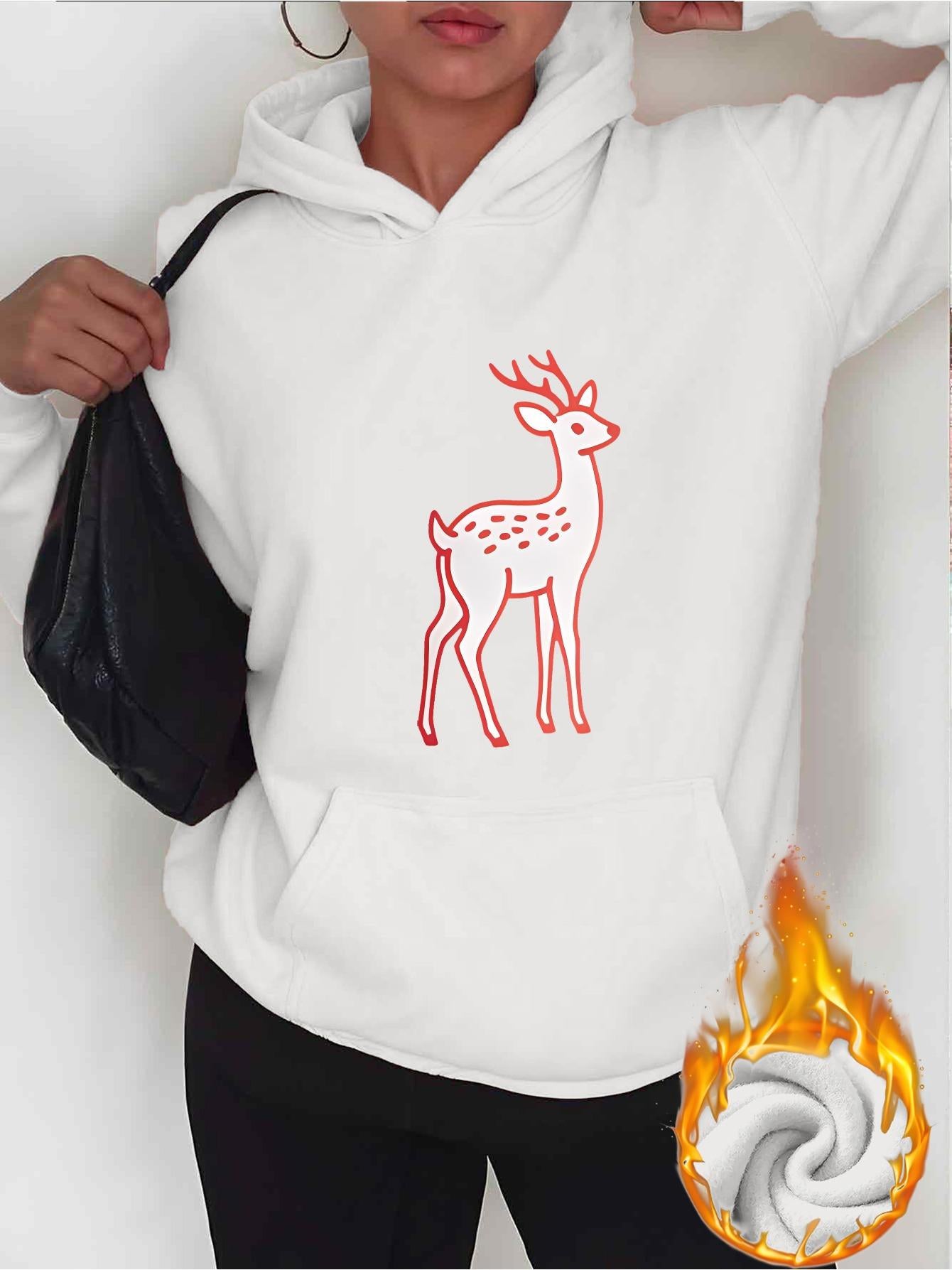 Tailorly Women's Printed Hoodie - Minimalist Red Line Drawing Among Gentle Winter Forest Deer