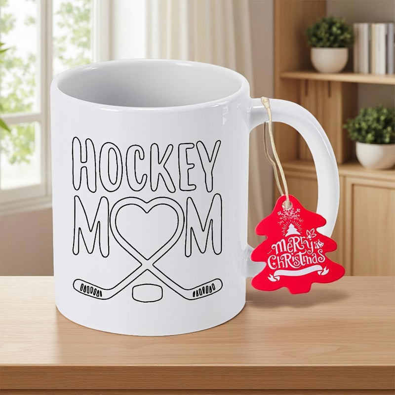 Tailorly White Ceramic 11 oz Mug - Hockey Mom Crossed Hockey Sticks Forming A Heart With A Small Puck Mug