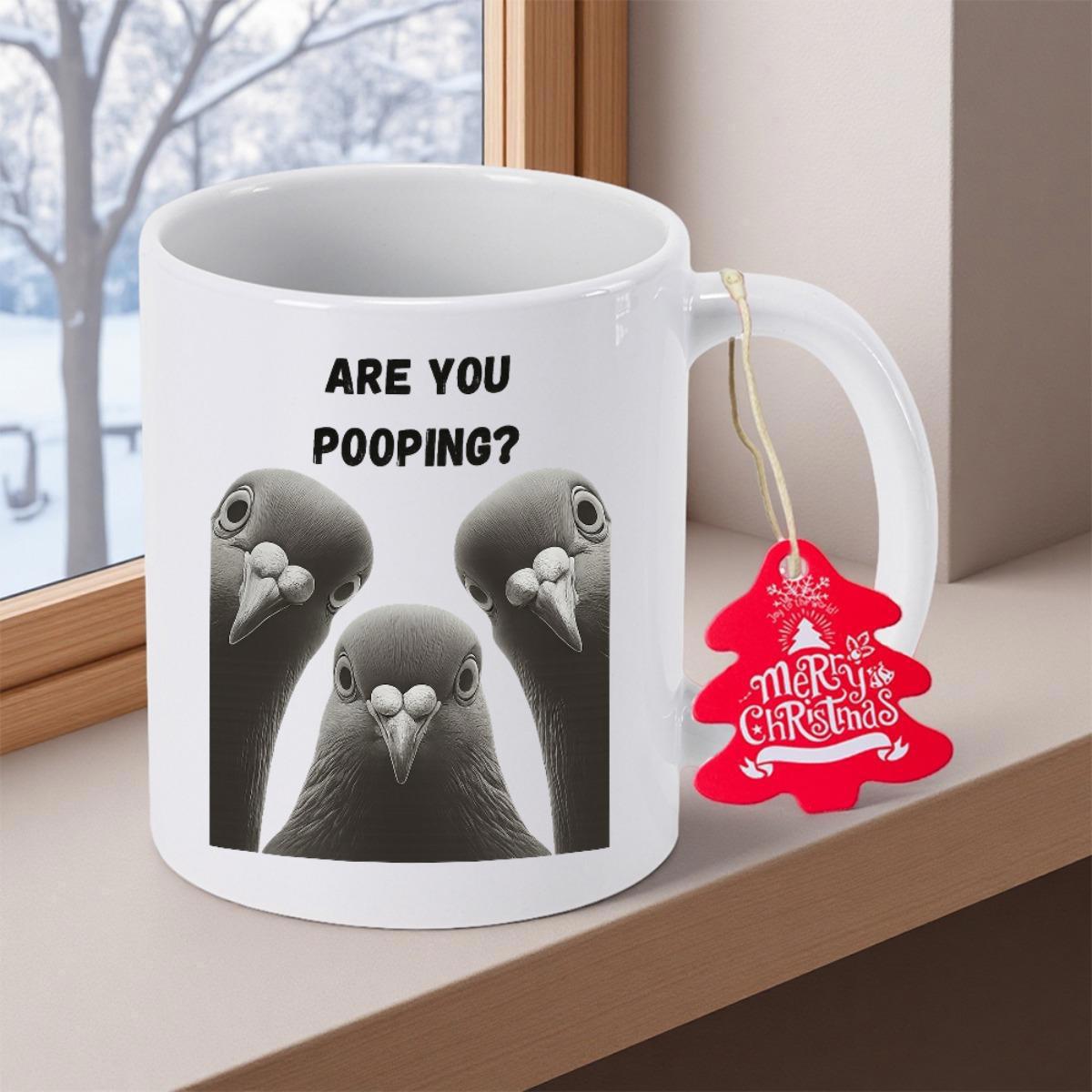Tailorly White Ceramic 11 oz Mug - Are You Pooping Three Curious Grayscale Pigeons Staring Closely From Inside A Square Frame Pigeon