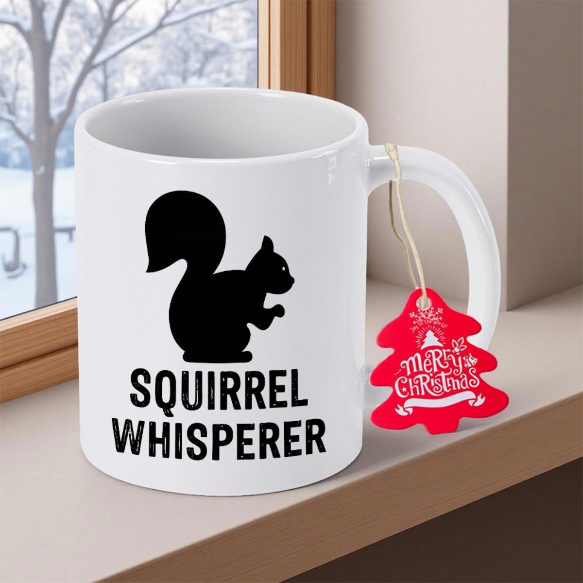Tailorly White Ceramic 11 oz Mug - Squirrel Whisperer Minimalist Black Silhouette Sitting Alert On A Solid White Ceramic Background Squirrel