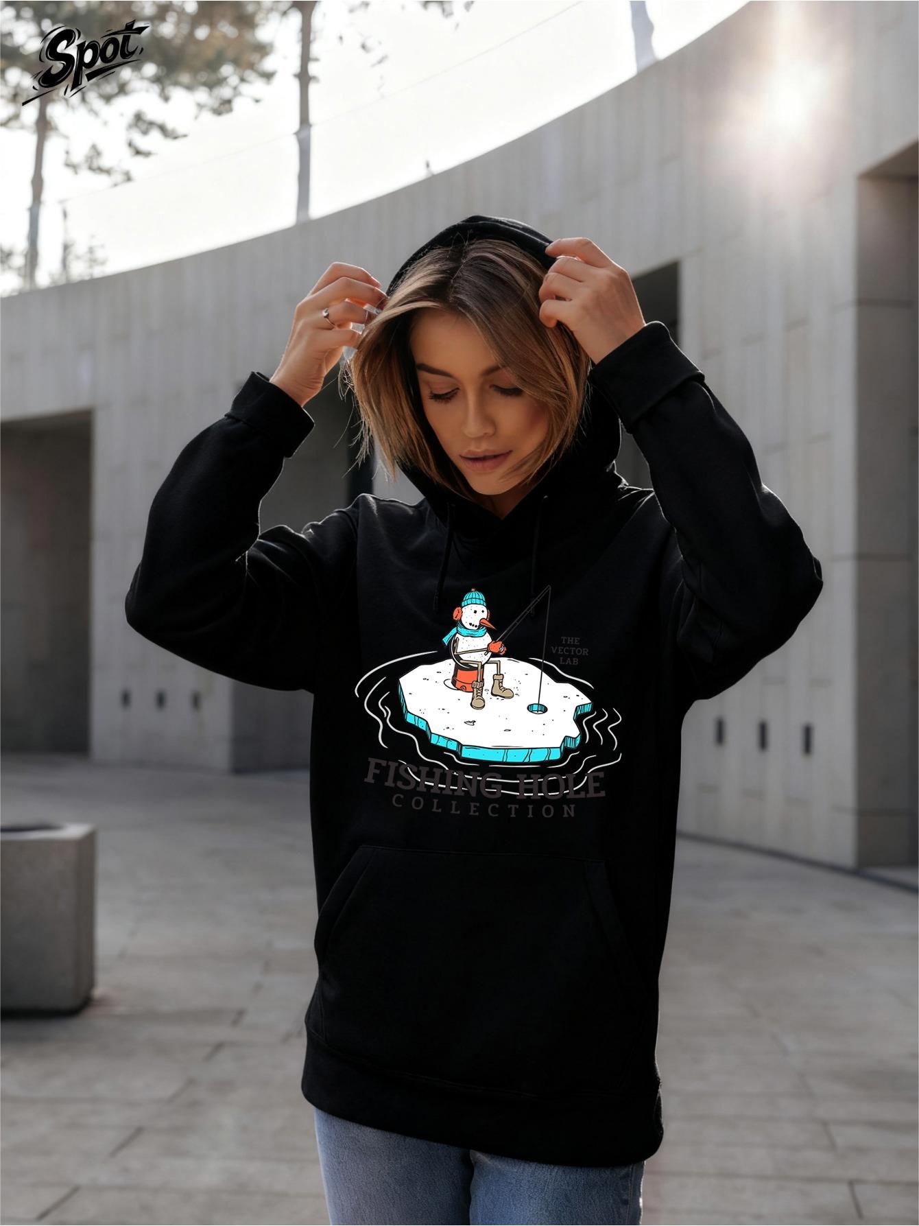 Tailorly Women's Printed Hoodie - Lonely Man Ice Fishing On Floating Glacier Island