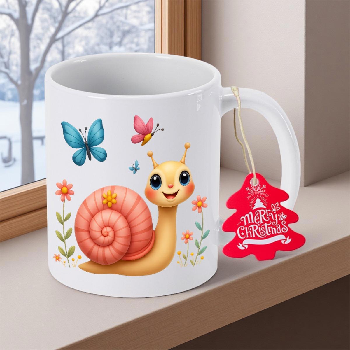 Tailorly White Ceramic 11 oz Mug - Adorable Pink Shell Snail Among Colorful Butterflies And Small Spring Garden Flowers Snail
