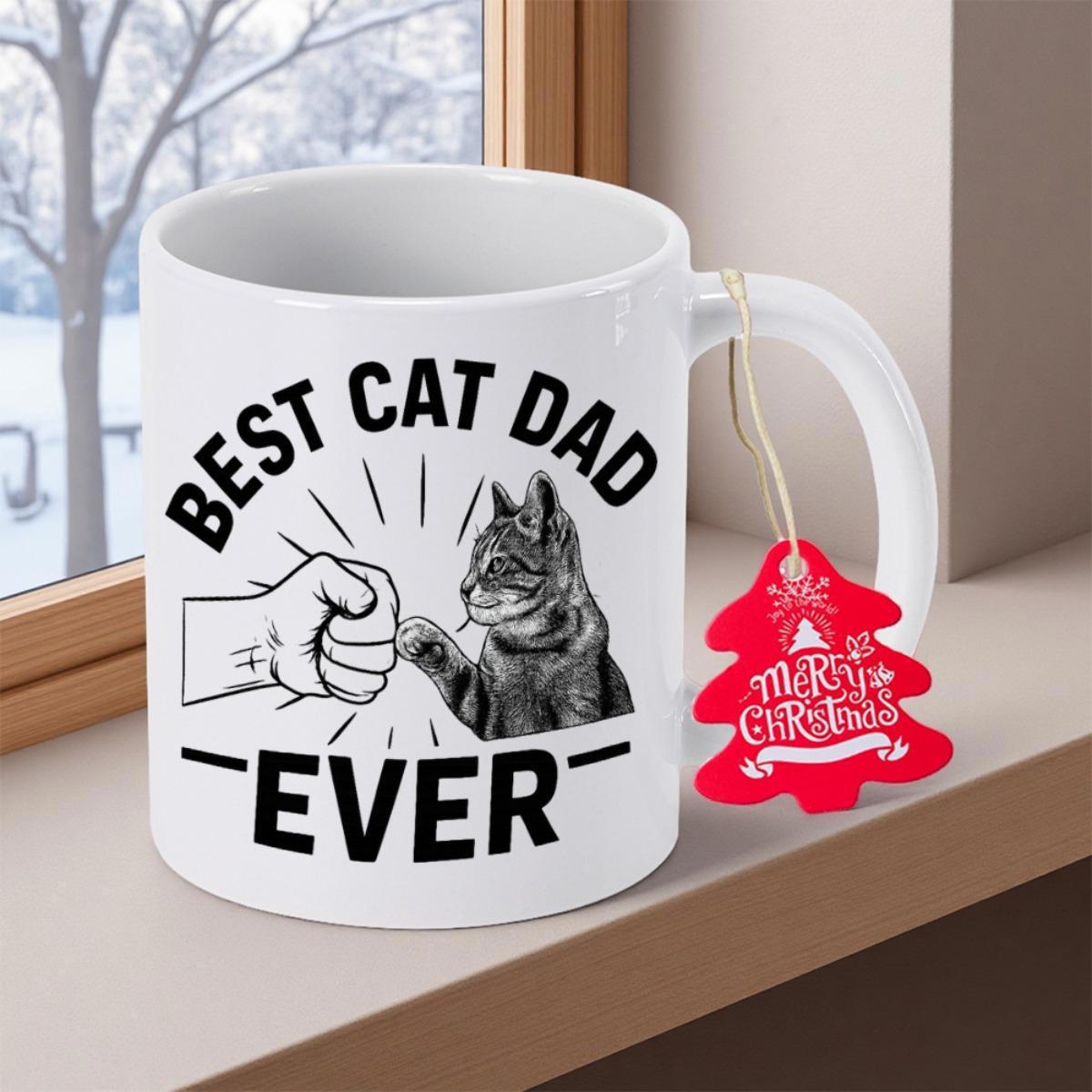 Tailorly White Ceramic 11 oz Mug - Best Cat Dad Ever Human Hand And Tabby Paw Fist Bumping With Radiant Sunburst Lines Cat