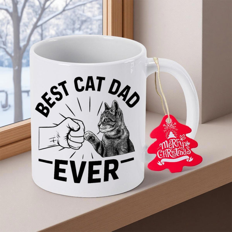Tailorly White Ceramic 11 oz Mug - Best Cat Dad Ever Human Hand And Tabby Paw Fist Bumping With Radiant Sunburst Lines Cat
