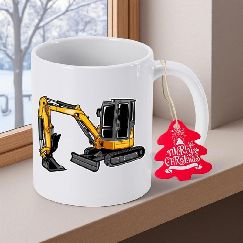 Tailorly White Ceramic 11 oz Mug - Merry Christmas Bright Yellow Industrial Heavy Construction Machinery With Hydraulic Arm Excavator