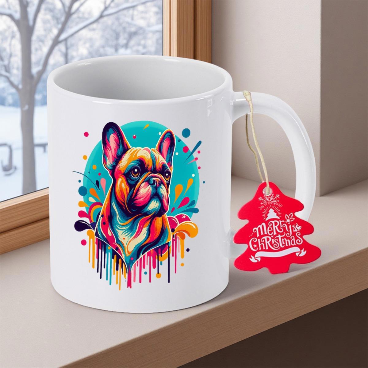 Tailorly White Ceramic 11 oz Mug - Merry Christmas Vibrant Colorful Artistic Portrait Among Splashing Rainbow Paint Drips Pattern French Bulldog