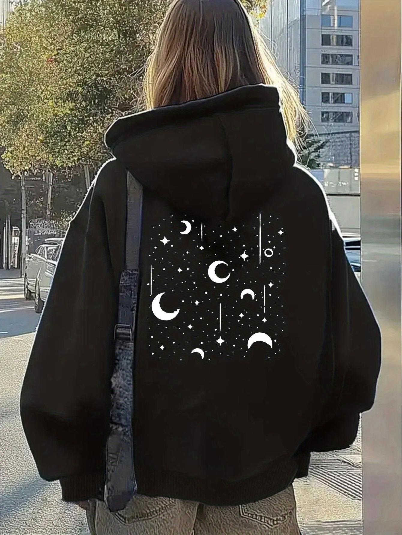 Tailorly Women's Printed Hoodie - Dreamy Night With Floating Moons And Stars Under Black Sky