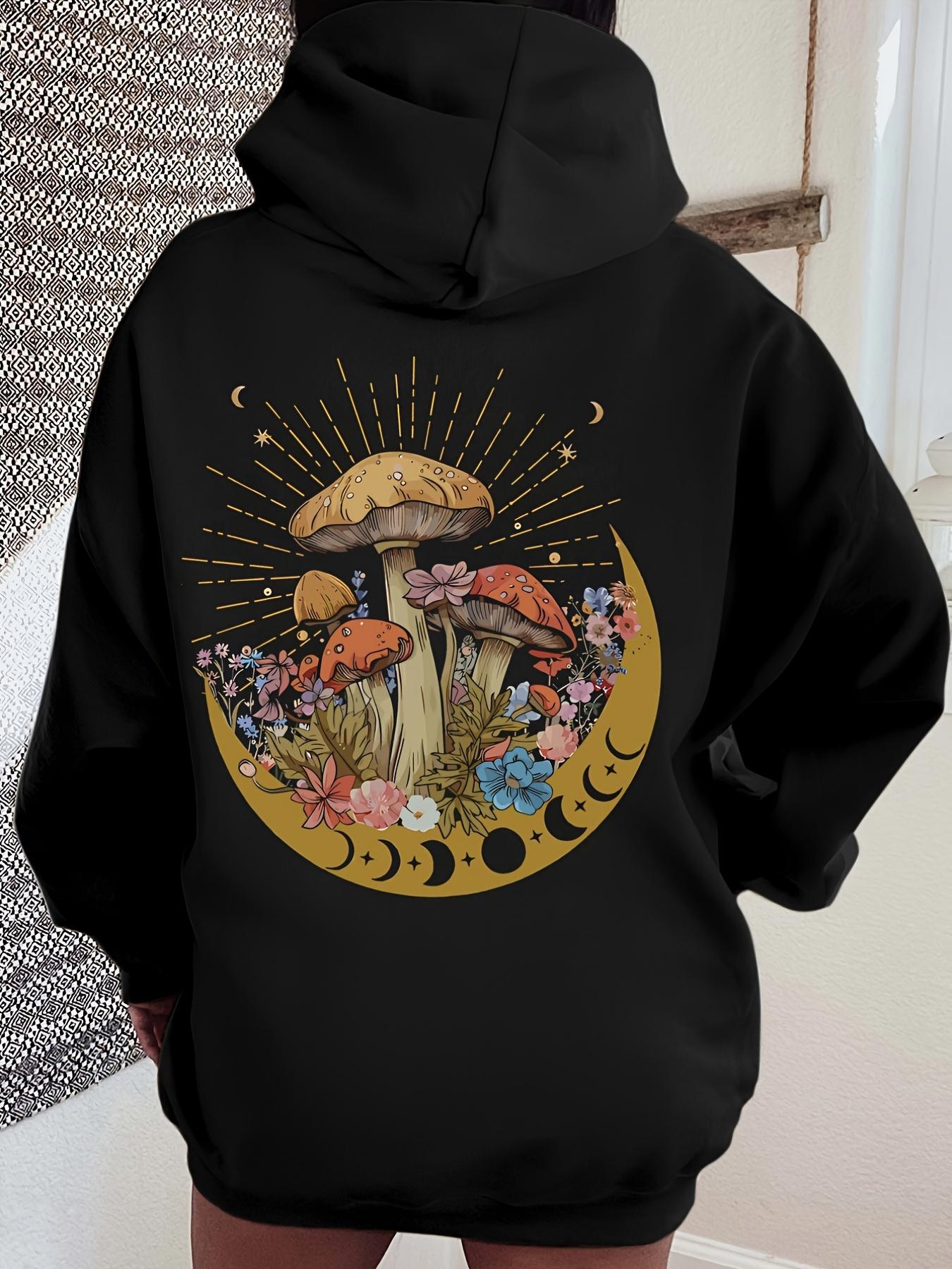 Tailorly Women's Printed Hoodie - Radiant Crescent Moon With Lush Wildflowers Blooming Behind Majestic Mushrooms
