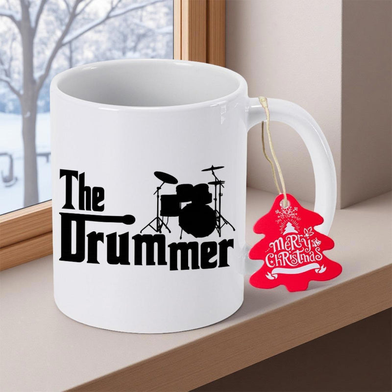 Tailorly White Ceramic 11 oz Mug - The Drummer Musical Percussion Set Silhouette With Cymbals And Bass Drum Drummer