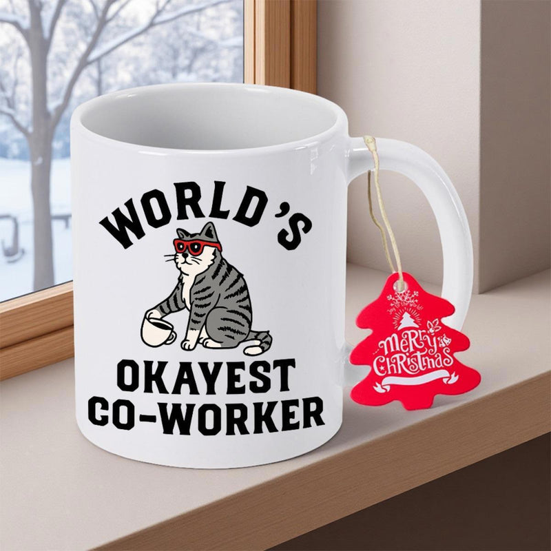 Tailorly White Ceramic 11 oz Mug - Worlds Okayest Co Worker Whimsical Striped Tabby Wearing Red Sunglasses Holding Small Coffee Mug Cat