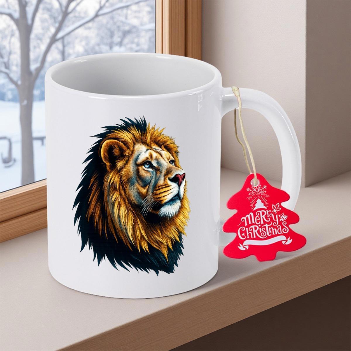 Tailorly White Ceramic 11 oz Mug - Merry Christmas Powerful Majestic Wild Animal Profile With Golden Mane And Deep Shadows Lion
