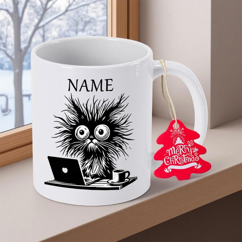 Tailorly White Ceramic 11 oz Mug - Name Stressed Disheveled Black Cat Working Behind Laptop With Steaming Coffee Cat