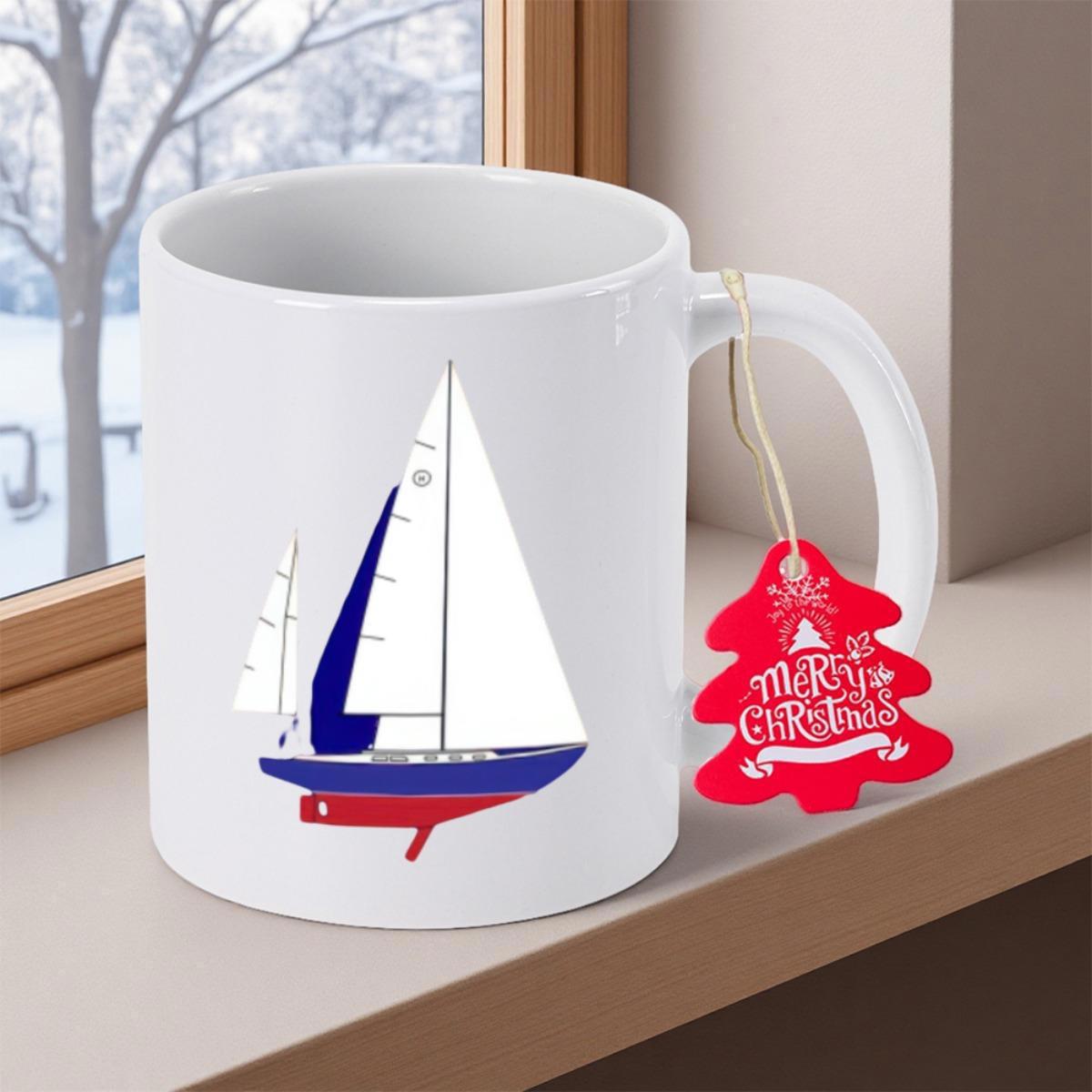 Tailorly White Ceramic 11 oz Mug - Merry Christmas Minimalist Blue Nautical Vessel Sailing On Calm Pristine Waters Sailboat