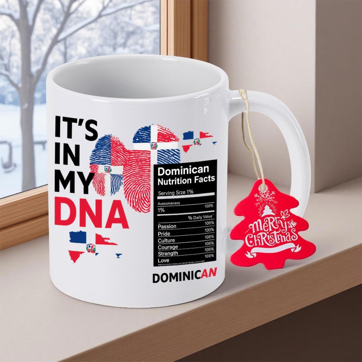 Tailorly White Ceramic 11 oz Mug - Its In My DNA Dominican Nutrition Facts Textured Fingerprint Infused With Dominican Republic Flag Colors And Map Silhouette Flag