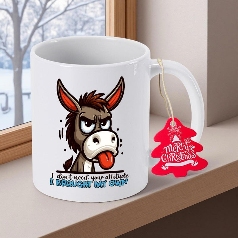 Tailorly White Ceramic 11 oz Mug - I Don't Need Your Attitude I Brought My Own Grumpy Cartoon Style Animal Sticking Out Red Tongue Donkey