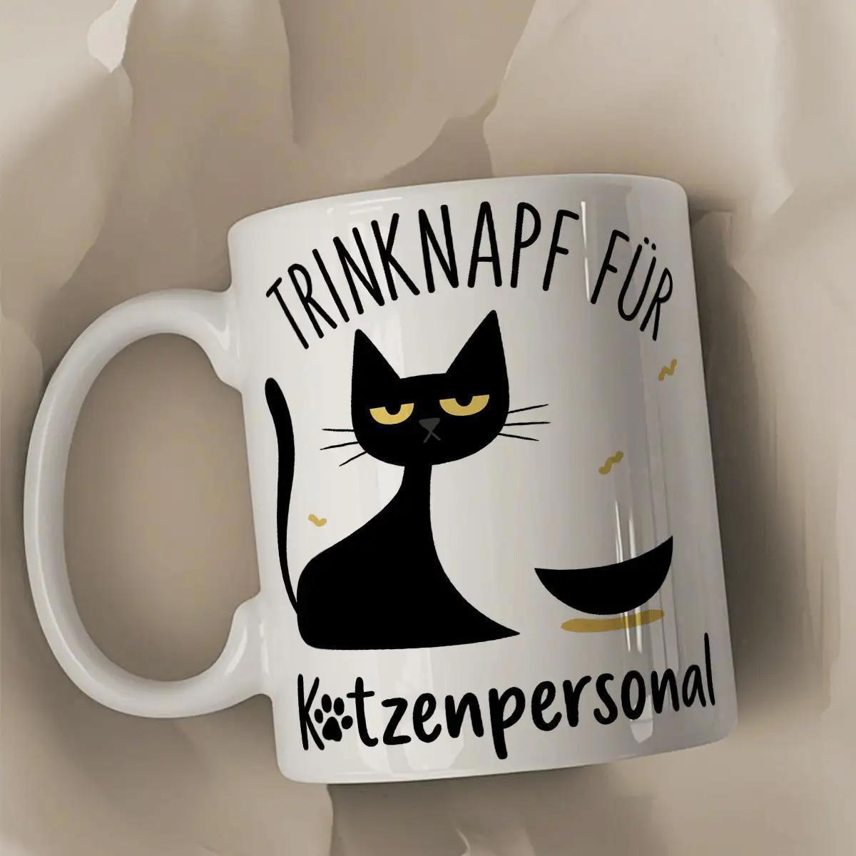 Tailorly White Ceramic 11 oz Mug - Minimalist Black Feline Sitting Beside A Food Bowl Under Curved Text Cat